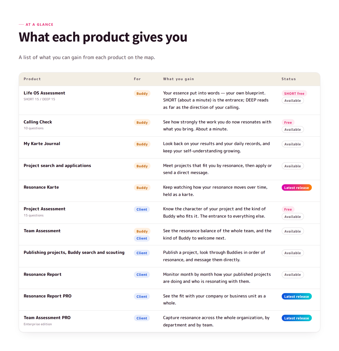 The comparison table listing all eleven products with their audience, what you gain and their availability.